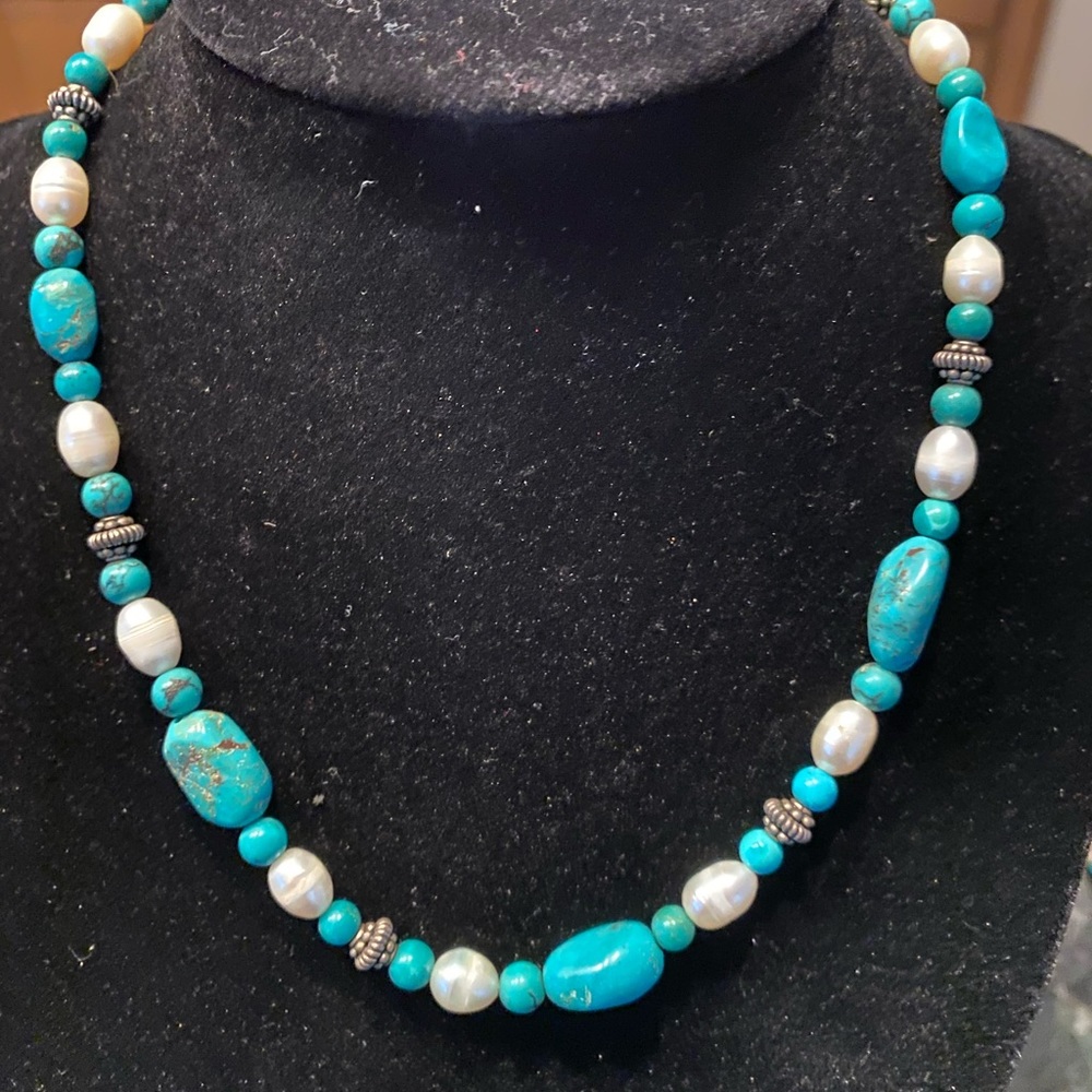 Genuine turquoise, fresh water pearl necklace